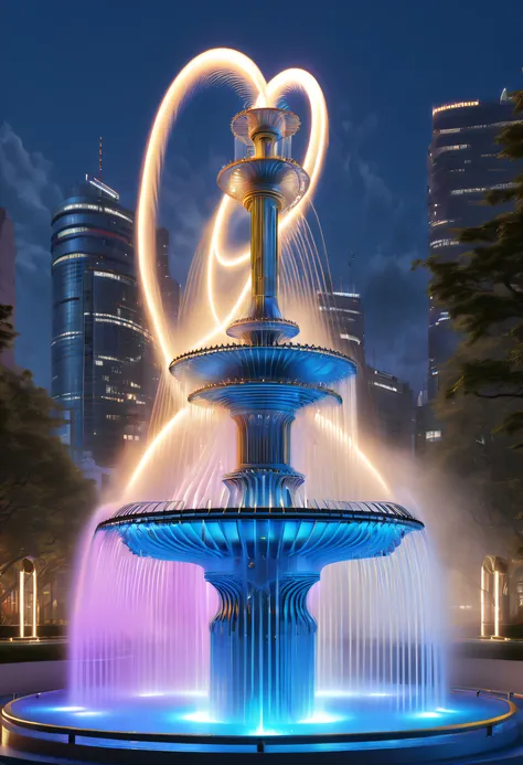 (Spectacular futuristic sci-fi night fountain:1.3)。Fountain erupts from steam engine，sparkling silver water column，The entire fountain looks mysterious and high-tech。 The shape of the water column in the fountain is also very futuristic.，(line art:1.5)，Col...