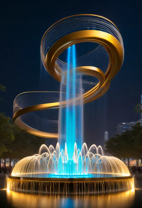 (Spectacular futuristic sci-fi night fountain:1.3)。Fountain erupts from steam engine，sparkling silver water column，The entire fountain looks mysterious and high-tech。 The shape of the water column in the fountain is also very futuristic.，(line art:1.5)，Col...