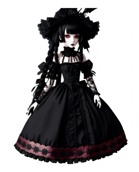 a close up of a doll with a black dress and a red ribbon, the mekanik doll, dollpunk, gothic maiden, gothic art style, goth, gothic regal and tattered black, loli, gothic!!, artdoll, gothic girl, gothic regal, lolita, patchwork doll, gothic princess portra...