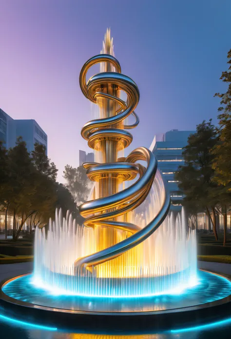 (Spectacular futuristic sci-fi night fountain:1.3)。Fountain erupts from steam engine，sparkling silver water column，The entire fountain looks mysterious and high-tech。 The shape of the water column in the fountain is also very futuristic.，(line art:1.5)，Col...