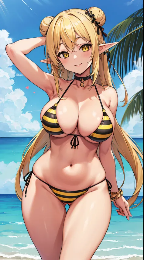 masterpiece, best quality, highres, ((Slim thicc waifu:1.3)), large breasts, elf, yellow eyes, blonde hair in a bun, (black choker), (yellow striped bikini), jewelry, cowboy shot, standing, beach, smile, hands on face, hearts