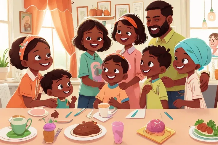 a closeup, high quality, ultra-detailed portrait of a black family. The mother has beautiful detailed eyes, a warm smile, and is wearing a colorful headwrap. The father has a strong presence with a well-groomed beard and expressive eyes. The two children, ...