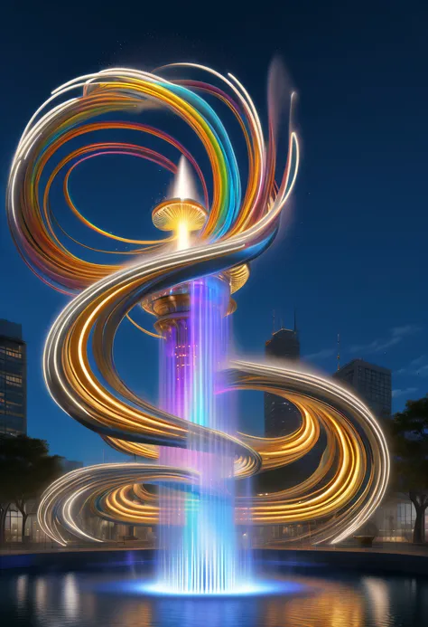 Spectacular futuristic sci-fi night fountain。Fountain erupts from steam engine，sparkling silver water column，The entire fountain looks mysterious and high-tech。 The shape of the water column in the fountain is also very futuristic.，(line art:1.5)，Colored l...