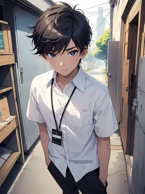 1boy, young male, age 12, solo, detailed eyes, bright skin, masterpiece, (UntuckedShirt:1.2), student, White shirt, short sleeves, long black pants, wearing lanyard, full body, park, anime, line art anime