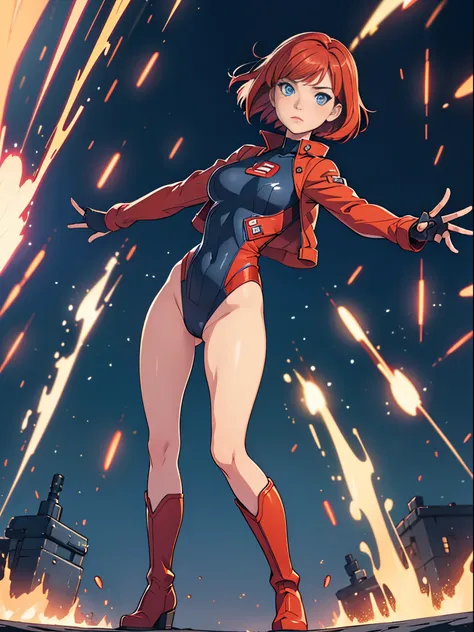 1girl, redhead, bob hair, short hair, blue eyes, beautiful detailed eyes, superhero, mature woman, spread arms, leotard, red leotard, bare legs, boots, gloves, standing, perfect anatomy, perfect hands, cowboy shot, (full body shot), superpower, light parti...