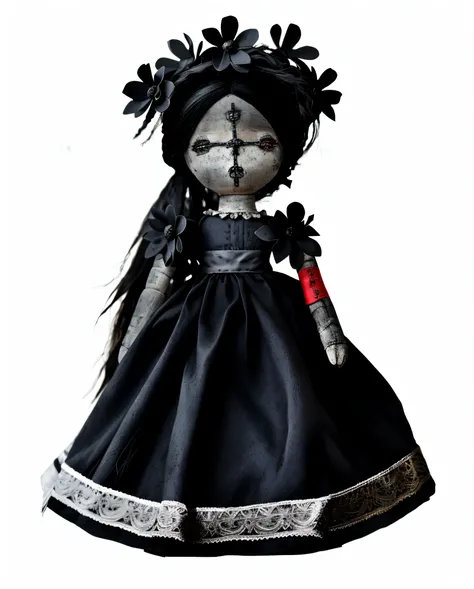 a close up of a doll with a black dress and a red ribbon, doll punk, gothic maiden, gothic art style, goth, gothic regal and tattered black, gothic!!, art doll, gothic girl, gothic regal, patchwork doll, gothic princess portrait, an elegant gothic princess...