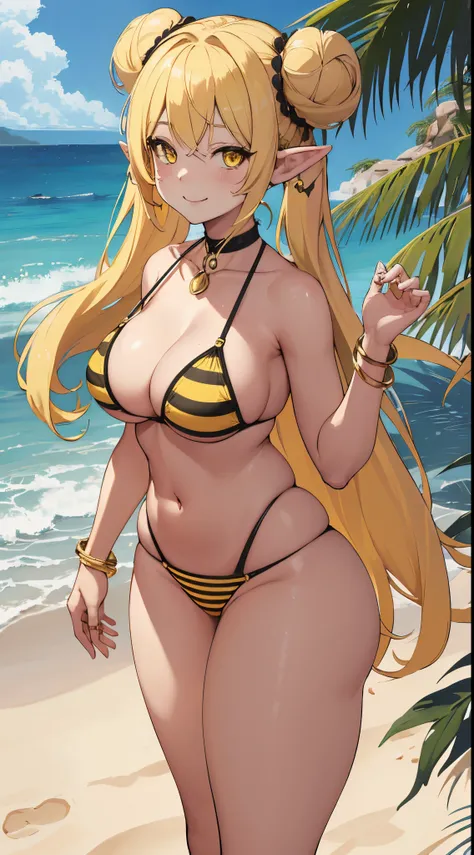 masterpiece, best quality, highres, ((Slim thicc waifu:1.3)), large breasts, elf, yellow eyes, blonde hair in a bun, (black choker), (yellow striped bikini), jewelry, cowboy shot, standing, beach, smile, hands on face, hearts