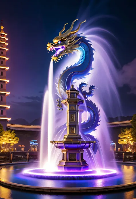 Spectacular futuristic sci-fi night fountain。Fountain erupts from steam engine，sparkling silver water column.There is a Chinese golden dragon spraying water in this water column，Emit purple energy，and emits a slight blue light，Make the entire fountain look...