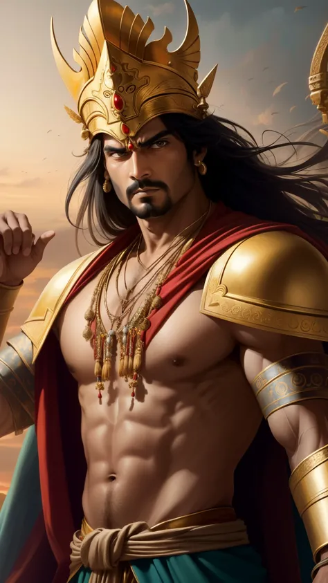 Mahabharata character Arjuna, Aggressive Expression, depth field, blur background, war scene