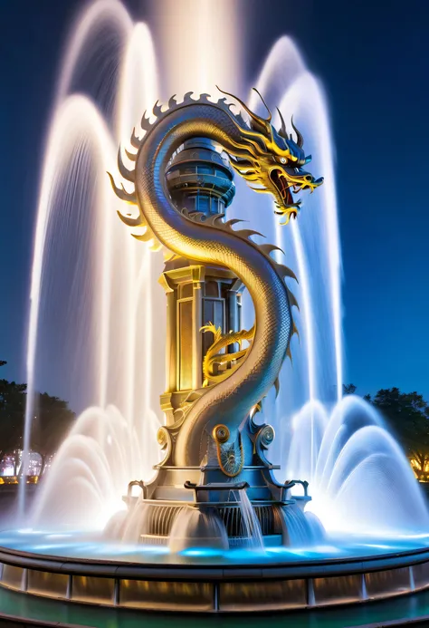 Spectacular futuristic sci-fi night fountain。Fountain erupts from steam engine，sparkling silver water column.There is a Chinese golden dragon spraying water in this water column，Exudes eerie energy，and emits a slight blue light，Make the entire fountain loo...