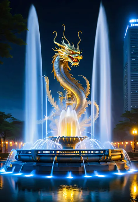 Spectacular futuristic sci-fi night fountain。Fountain erupts from steam engine，sparkling silver water column.There is a Chinese golden dragon spraying water in this water column，Exudes eerie energy，and emits a slight blue light，Make the entire fountain loo...