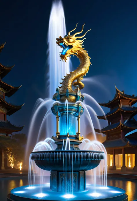 Spectacular futuristic sci-fi night fountain。Fountain erupts from steam engine，sparkling silver water column.There is a Chinese golden dragon spraying water in this water column，Exudes eerie energy，and emits a slight blue light，Make the entire fountain loo...