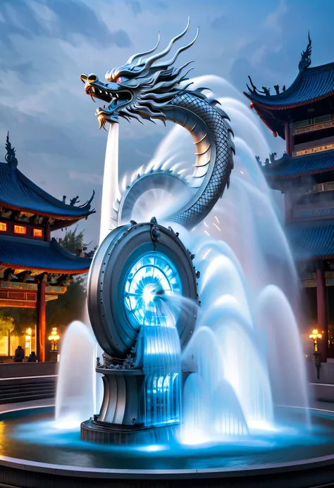 Spectacular futuristic sci-fi fountain。Fountain erupts from steam engine，sparkling silver water column.There is a Chinese dragon flying in this water column，The silver dragon spits out strange energy，and emits a slight blue light，Make the entire fountain l...