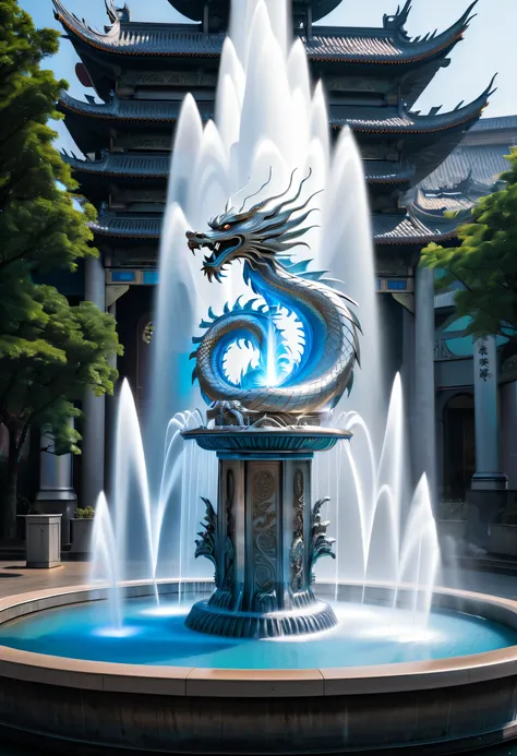 Spectacular futuristic sci-fi fountain。Fountain erupts from steam engine，sparkling silver water column.There is a Chinese dragon flying in this water column，The silver dragon spits out strange energy，and emits a slight blue light，Make the entire fountain l...