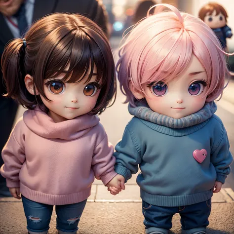 ​masterpiece、top-quality、ultra-detailliert、(chibi character couple:1.27)、a man and a girl、Matching knitwear and matching jeans、stare at each other、Smiling and looking at each other、Full-body standing figure、The background is a scrambled intersection