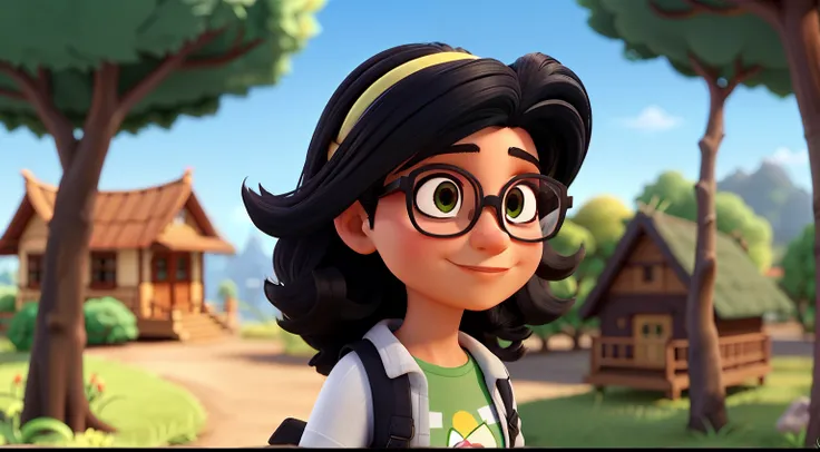 uma mulher, de 30 anos, cabelo preto amarrado, olhos castanhos, wears glasses. Sem sorrir. Ambiente; natureza com arvores e grama bem verde. Estilo Disney