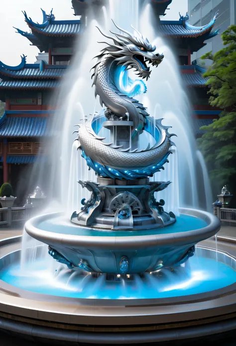 Spectacular futuristic sci-fi fountain。Fountain erupts from steam engine，sparkling silver water column.There is a Chinese dragon flying in this water column，The silver dragon spits out strange energy，and emits a slight blue light，Make the entire fountain l...