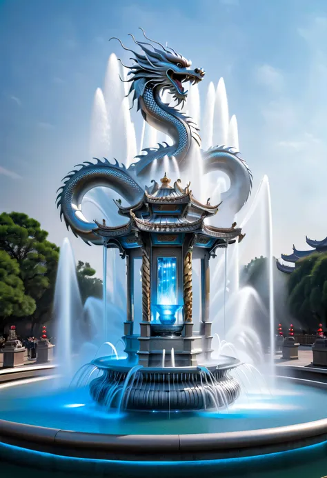 Spectacular futuristic sci-fi fountain。Fountain erupts from steam engine，sparkling silver water column.There is a Chinese dragon flying in this water column，Silver dragon spits water，and emits a slight blue light，Make the entire fountain look mysterious an...