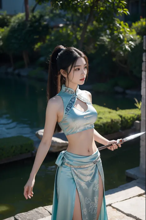 Ancient Chinese woman, age 22, Sexy and beautiful,Wearing silver gray Chinese style armor,Navel-baring armor,Holding a Tang knife,Exquisite armor pattern,Wearing a cyan jade pendant around the waist,DAY TIME, Stand on the hillside,Calm and indifferent, Det...