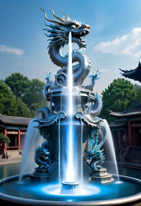 Spectacular futuristic sci-fi fountain。Fountain erupts from steam engine，sparkling silver water column.There is a Chinese dragon flying in this water column，Silver dragon spits water，and emits a slight blue light，Make the entire fountain look mysterious an...