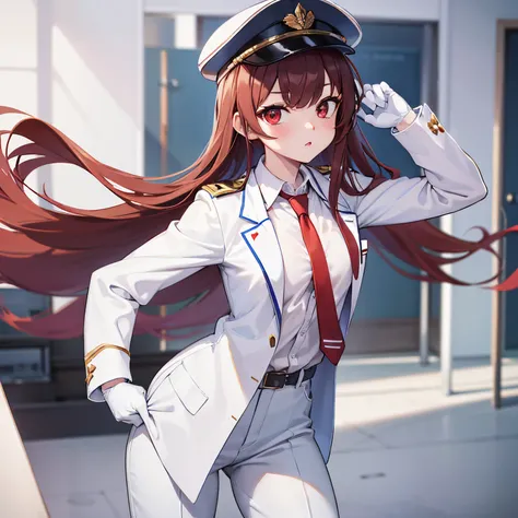 1malee, white school uniform, blue trousers, white glove, one hand on cap, white cap, red eyes, skybrown hair, red necktie, school, absurdres, high res, ultra sharp, 8k, masterpiece, looking at viewer, cool malee