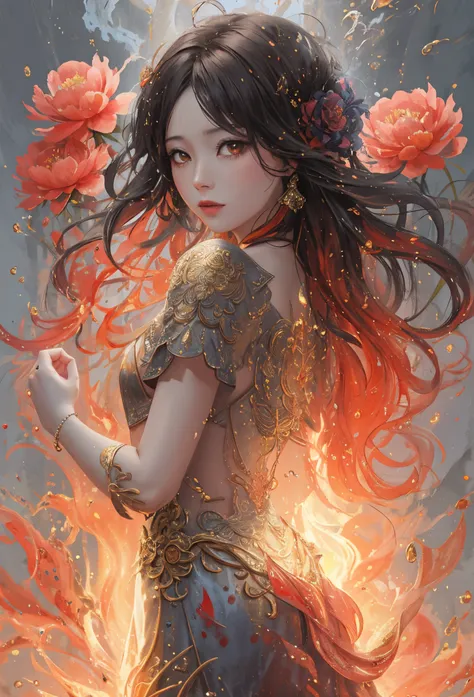 Splash ink art, Close-up of liquid glowing lady made of colors, plata, Red, orange colors, Light yellow, Gray-gold, liquid fire peony flower, filigrees, filigree details, rotation fire, Color drops, Color waves, rays of moonlight, Color paint splatter styl...