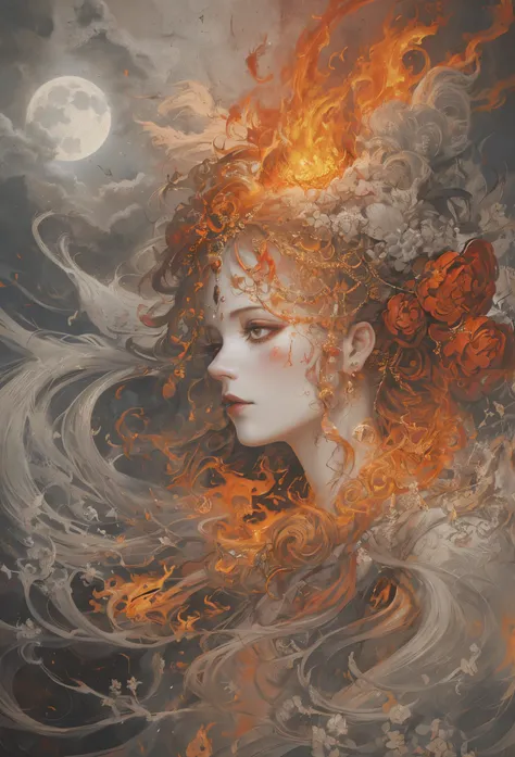 Painting of woman with fire head and full moon, surrounded by flames, Swallowed by the swirling flames, beautiful fantasy art portrait, Carol Buck-Ude, A beautiful artistic illustration, hair made of fire, beautiful fantasy portrait, Inspired by Carol Bark...