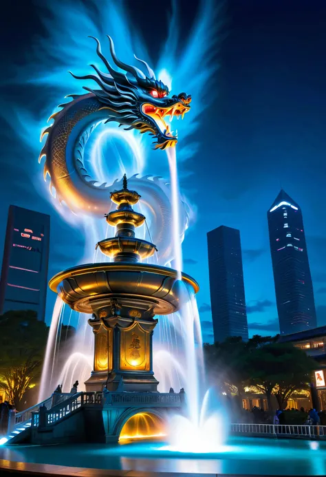 Spectacular futuristic sci-fi fountain。Fountain erupts from steam engine，Shining with a silver-white light.There is a Chinese dragon flying in this water column，and emits a slight blue light，Make the entire fountain look mysterious and high-tech。 The shape...