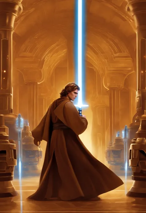 Anakin is working on repairing and fine-tuning his lightsaber, surrounded by scattered circuits and glowing kyber crystals.,Star Wars: Episode II - Attack of the Clones,Anakin Skywalker