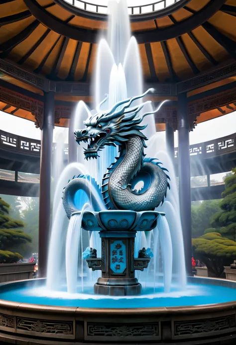 Spectacular futuristic sci-fi fountain。Fountain erupts from steam engine，Shining with a silver-white light.There is a Chinese dragon flying in this water column，and emits a slight blue light，Make the entire fountain look mysterious and high-tech。 The shape...