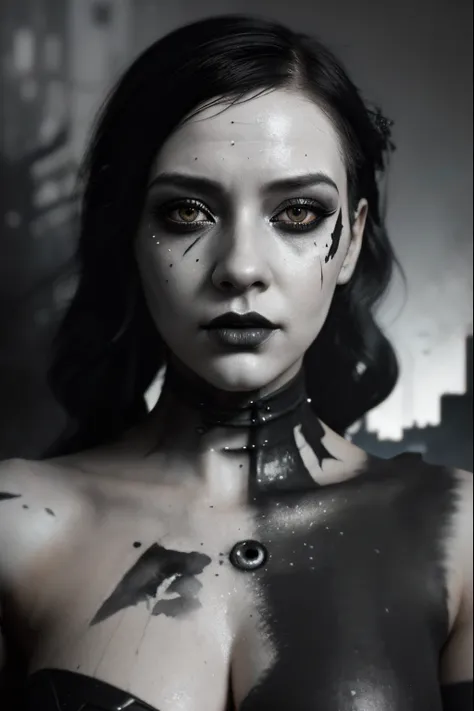 a digital painting of a woman with black and white makeup, cyberpunk art by Anna Dittmann, cgsociety, gothic art, dystopian art, detailed painting, behance hd, deep photography, Ilford HP5 film, crushed blacks, depth of field, dark photo, film grain, shado...