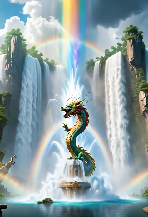 tmasterpiece，UHD resolution，8K，Cinema lenses，Huge water column，Water spurts from the ground，Water column flies towards the rainbow，Chinese dragon flying around the water column，The magical power of nature，Epic surrealism，epic nature dream，Epic natural foun...