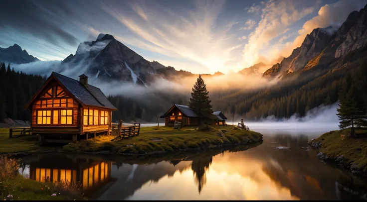 HDR, photorealistic portrait, masterpiece quality, bestquality, mountain, pond, firefly, dark night, Wooden House, Fog