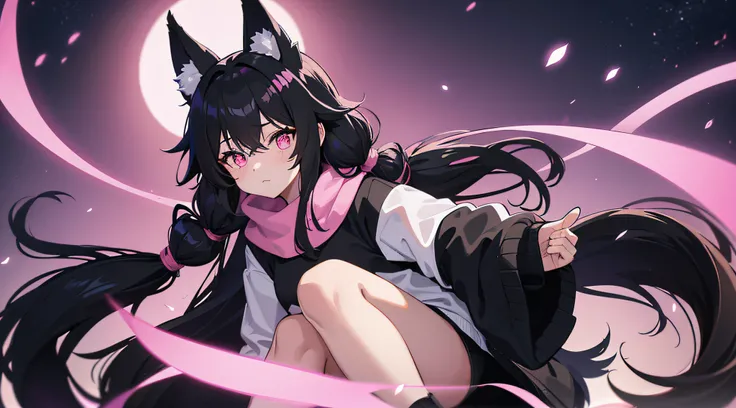 Women, ((|black] hair)), long-haired,Twintail hairstyle,Wearing a pink hoodie.,Wear black shorts.,Wear long black socks.,pink eyes,pink scarf,Night background with moonlight,There are fox ears.,There is a fox tail.