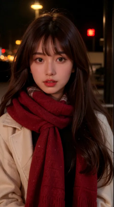 Close-up of a woman wearing a scarf and a coat, brown bangs hair, brown hair and bangs, 1 plump girl，winter time，with fair skin，23-year-old girl，face to the viewer，Manteau blanc, on christmas night