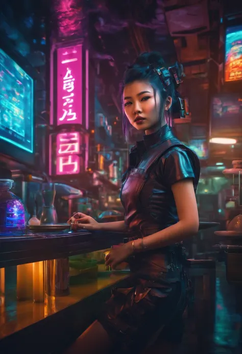 a young asian girl cyborg working as a chef in a futuristic restaurant, dark and gloomy, intricate details, interesting perspective, hdr