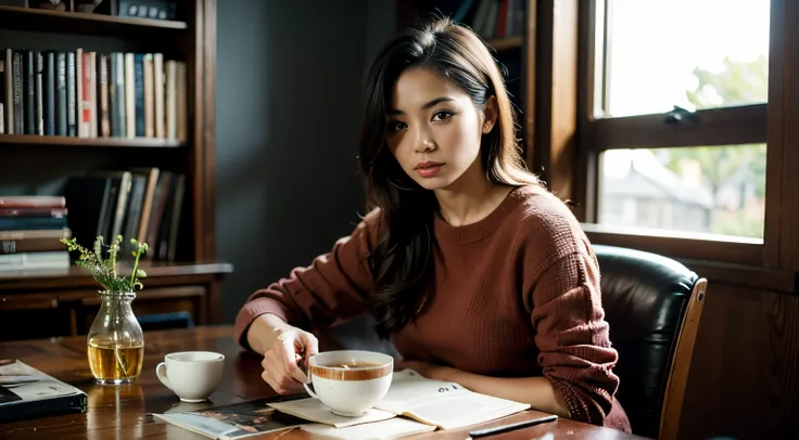 (masterpiece, best quality, photo-realistic:1.3), a contented female protagonist called Kimmie Miso, relaxed on a (plush, oversized armchair:1.2) in her cozy living room, surrounded by (bookshelves filled with vintage records:1.2), (soft, ambient lighting:...