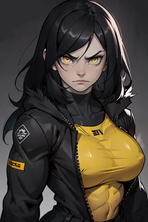 (pale skin girl) (1girl muscular grey background bodybuilder) toned body huge breasts (thin waist) black hair yellow eyes straight hair sweaty hair between eyes (black fur trim coat) frowning black suit dark atmosphere