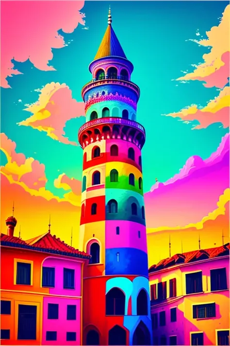 realistic galata tower,color festival,fun,colorfull sky