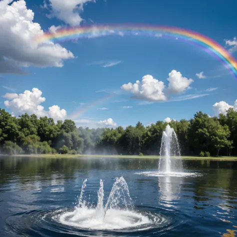 Water spurts from the ground，Splashes of water fly into the sky，Reflecting the seven colors of the rainbow