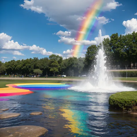 Water spurts from the ground，Reflecting the seven colors of the rainbow