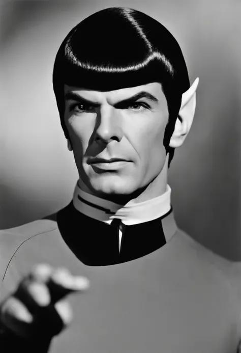 A photo of Spock at the Vulcan Philosophy Institute, engaged in a debate with fellow Vulcan scholars.,Star Trek,Spock, the iconic character from “Star Trek,” is distinguished by his unique Vulcan appearance: sharp, angular features, with notably pointed ea...