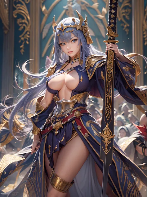 ((Emperor&#39;Knights、beautiful woman wielding a sword))8K、An ultra-high picture quality、Ultra-realistic details、3d rendered、sharp gaze、Beautiful behavior、Toned body、large full breasts、Clothes with wide open chests、Shining sword、Detailed body、A detailed fa...