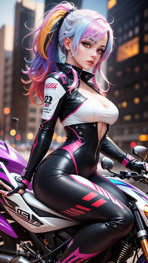 "Generate an image of a beautiful woman with multicolored hair on an anime-style motorcycle, in the highest possible quality (8K). Detail the hair colors, the womans expression, and intricate details of the motorcycle with precision. Capture the fusion of ...