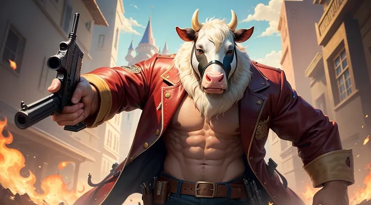 a man in a cow mask holding a gun, estilo disney pixer