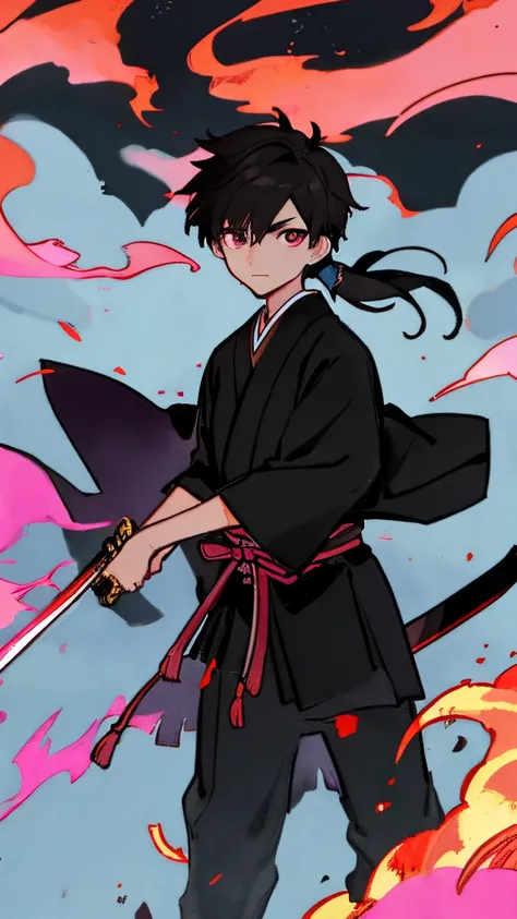 a painting of a dark haired man dressed in black with a long sword in the background in front of pink flames, 1boy, haori, black...