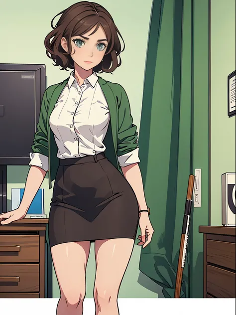 1girl, beautiful detailed eyes, office lady, mature woman, brown hair, wavy hair, short hair, green eyes, beautiful detailed eyes, skirt, pencil skirt, bare legs, shoes, office backdrop, standing, perfect anatomy, cowboy shot, solo, single.