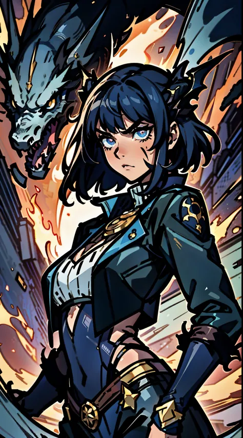 A beautiful women, dark blue short hair, long bangs covering half of his face, sharp eyes, a long scar on his face, an expression of discontent, a fantasy-realistic style leather jacket over a dark undershirt, trousers that matching the outfit, black fire ...