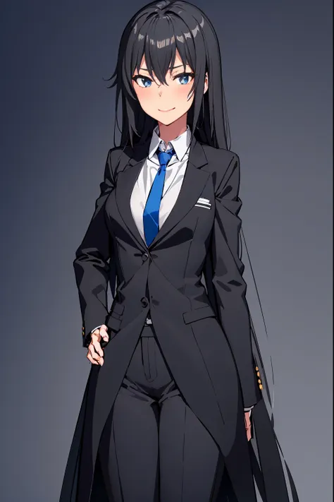 yukinoshita yukino, wearing a tuxedo tailcoat, (full body,anime,1:2,ultra-detailed), has a badass smile. she has long, sleek bla...