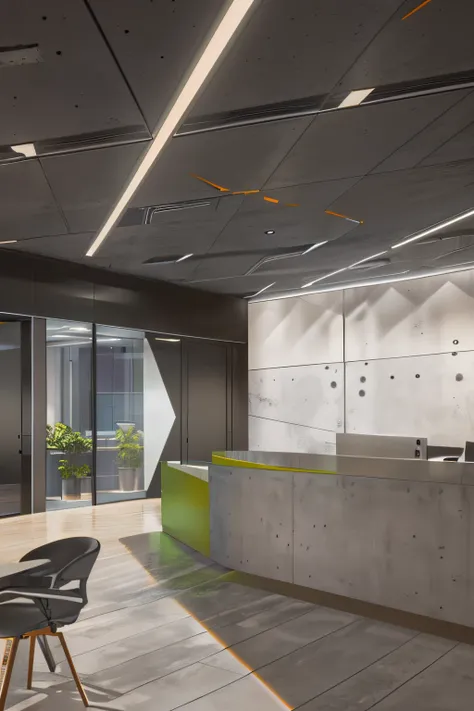 arafed office with a reception desk and a glass table, concrete hitech interior, office ceiling panels, office interior, suspended ceiling, asymmetrical, assymetrical, offices, symmetrical, interior photograph, interior architecture view, open ceiling, bri...